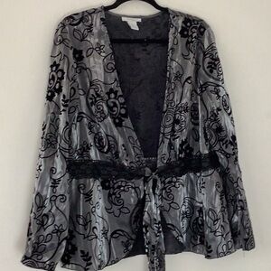 Dressbarn Black/Silver Floral Print Burnout Top Tie Closure Fairy Whimsical Y2K